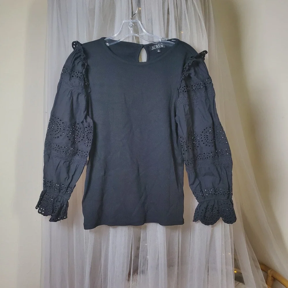 J Crew Whimsigoth Modern Preppy Top Black Eyelet Sleeve Dark Coquette Size?
